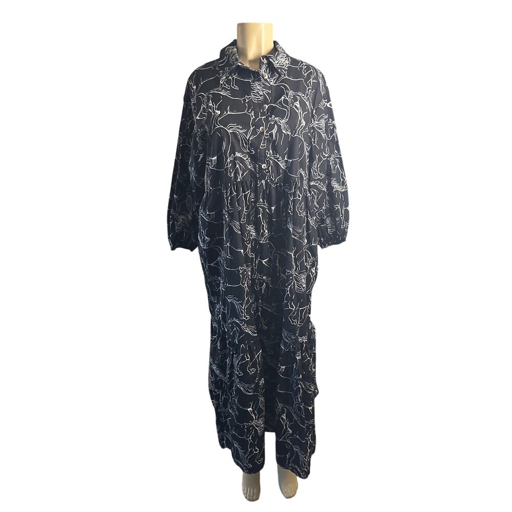 Women M Anthropologie Maeve Bettina Tiered Navy Horse Pony Printed Shirt Dress - Picture 2 of 8